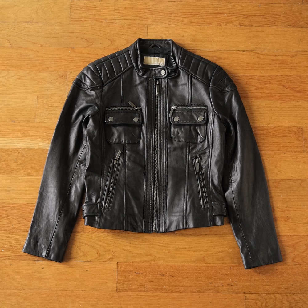 Michael Kors Leather Biker Jacket Women Black Quilted Moto Medium Grunge Y2K